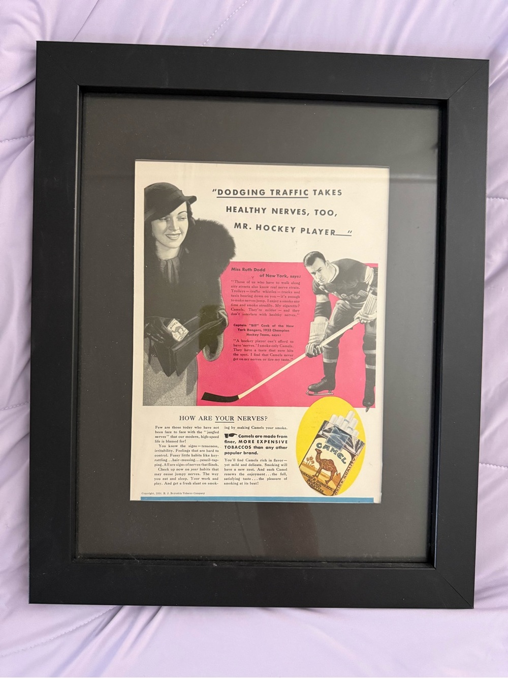 Framed Vintage Magazine Ad in Black Frame - Rangers Hockey Player Bill Cook